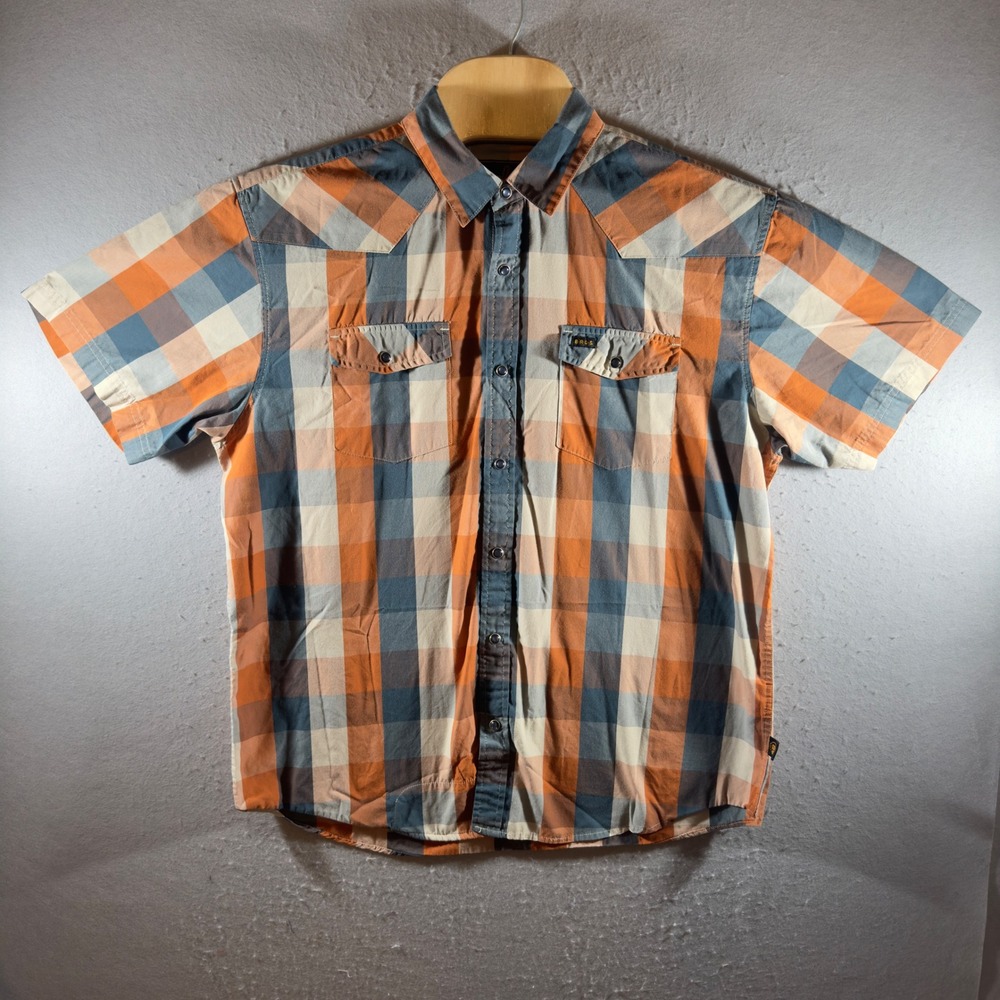 3034 | Howler Brothers Western Plaid Snap Shirt Orange Blue Mens L